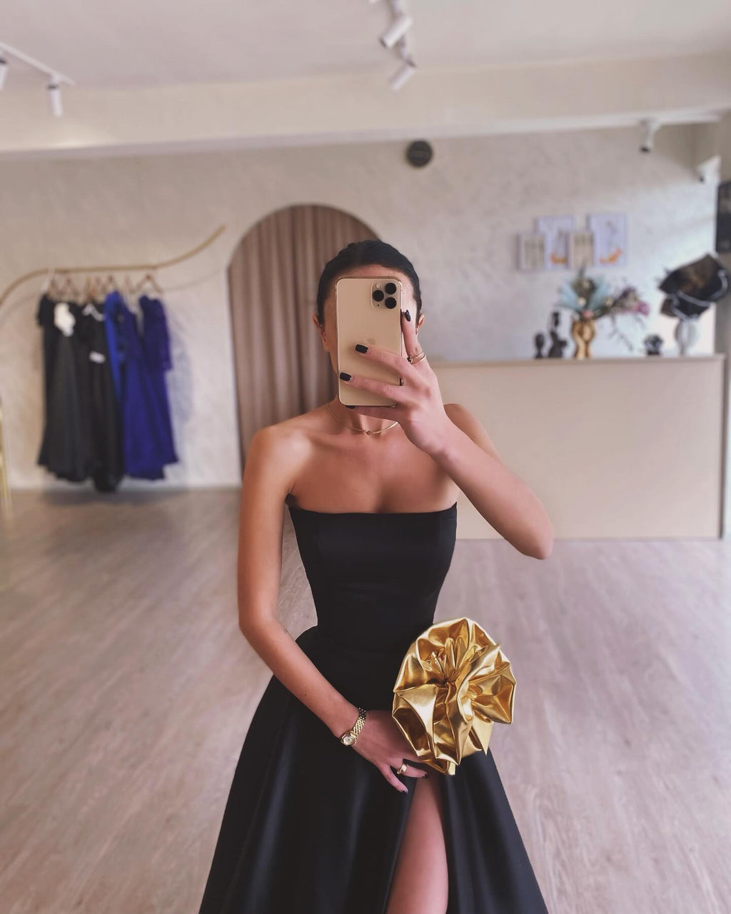 Elegant Black Strapless 3D Floarl Evening Dress SF099