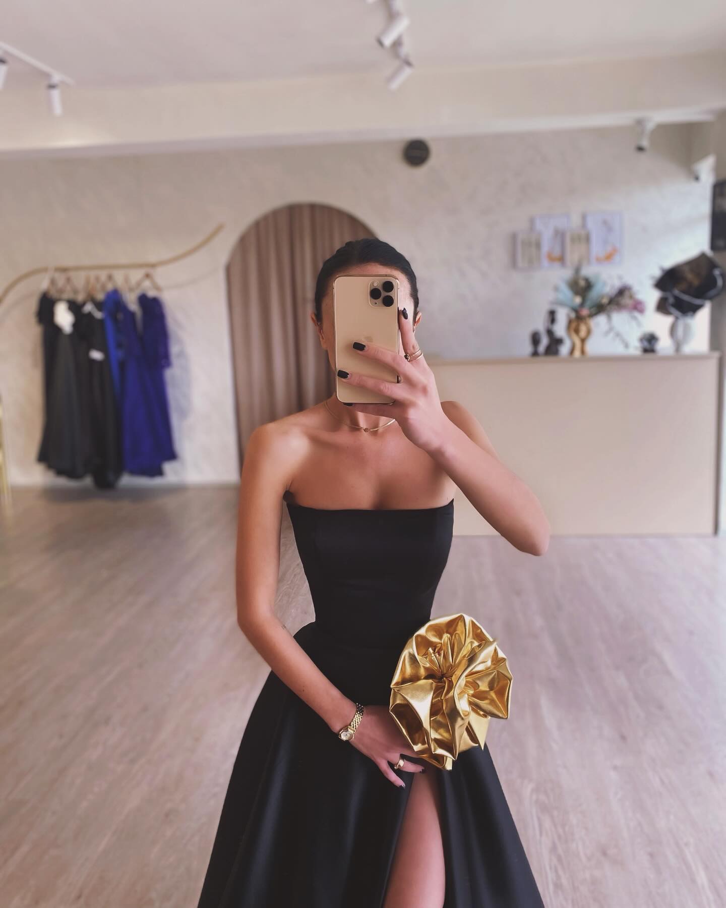 Elegant Black Strapless 3D Floarl Evening Dress SF099