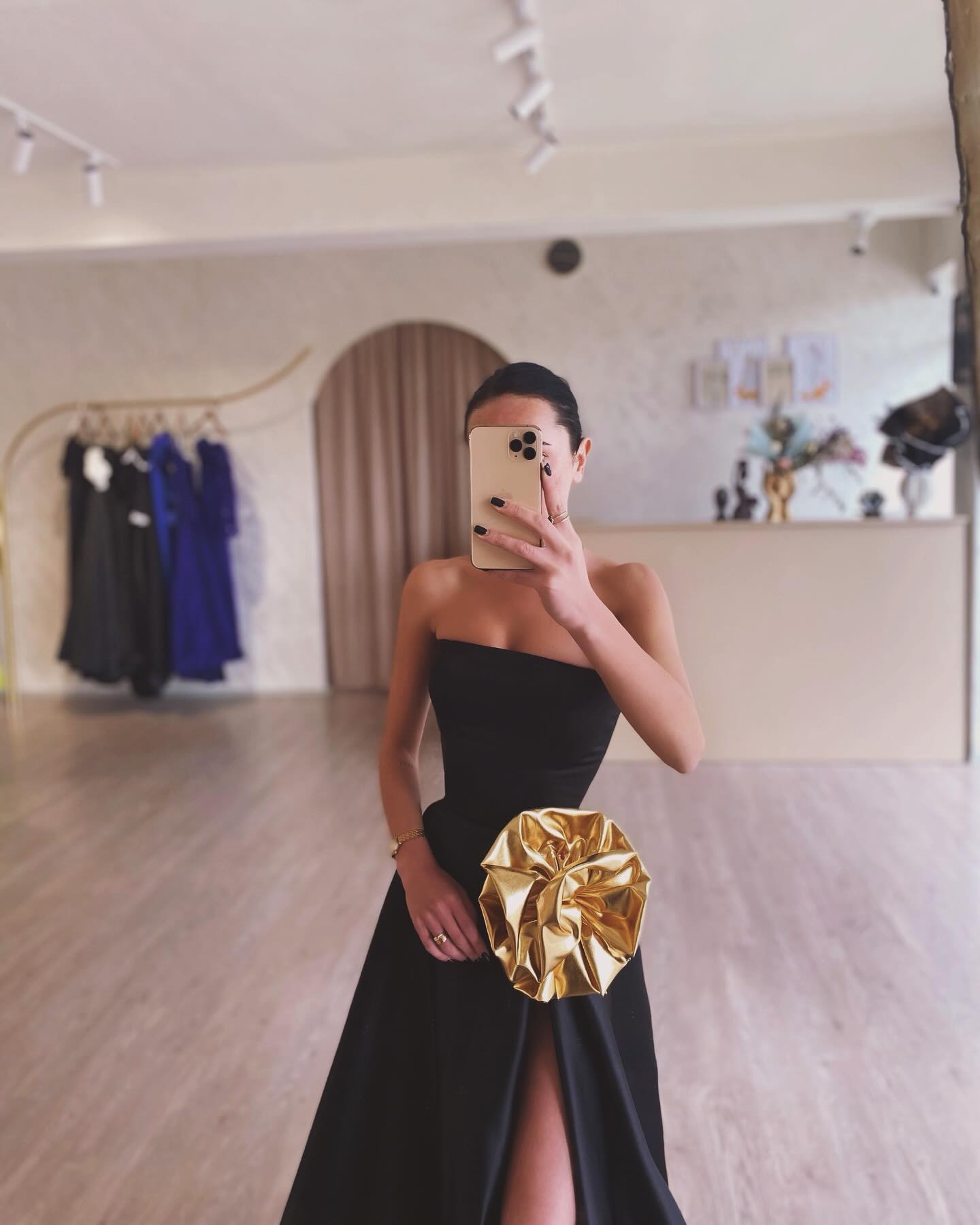 Elegant Black Strapless 3D Floarl Evening Dress SF099