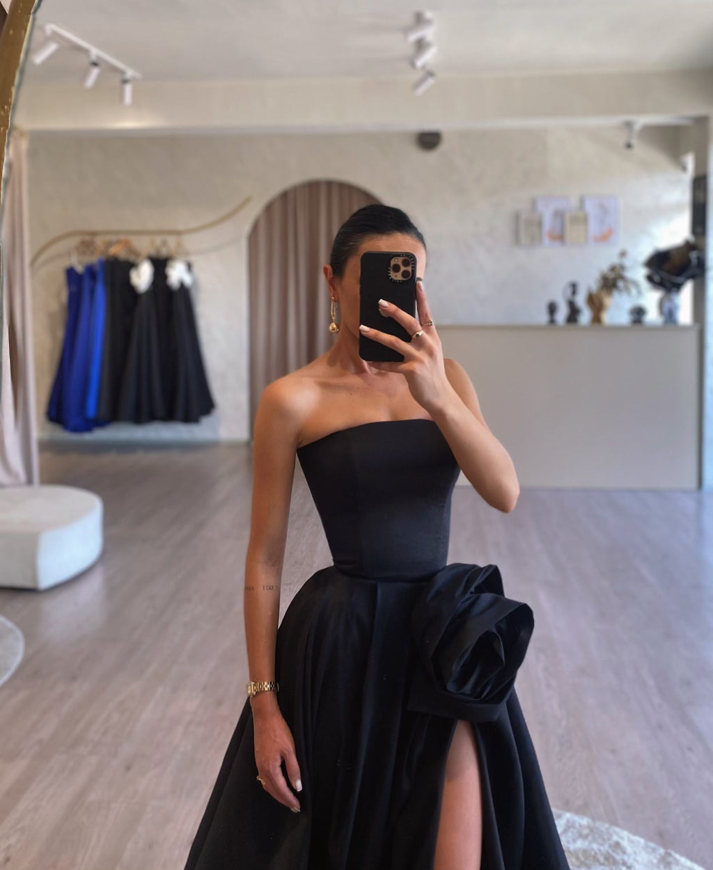 Elegant Black Strapless 3D Floarl Evening Dress SF099