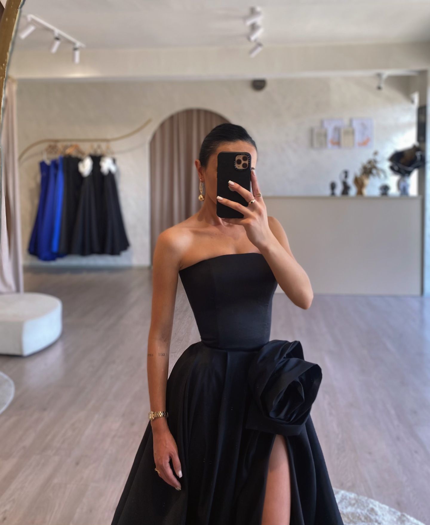 Elegant Black Strapless 3D Floarl Evening Dress SF099