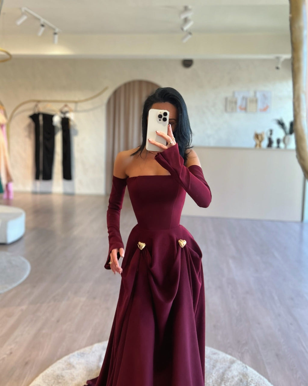Elegant Off Shoulder Burgundy A-Line Evening Dress SF434