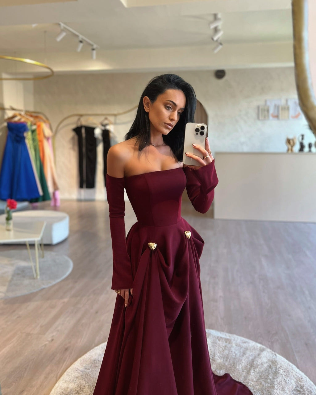 Elegant Off Shoulder Burgundy A-Line Evening Dress SF434