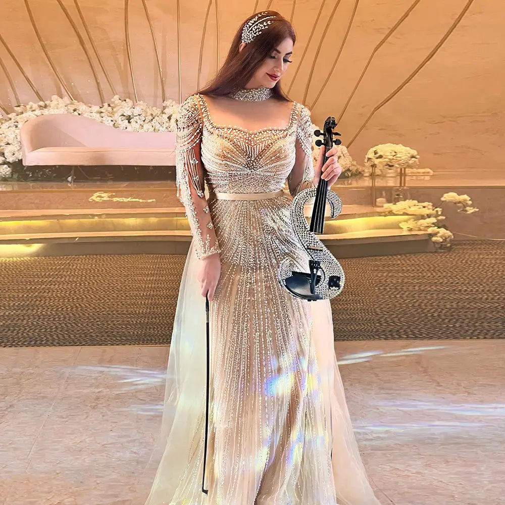 Luxury Champagne Evening Dress with Detachable Overskirt SS265
