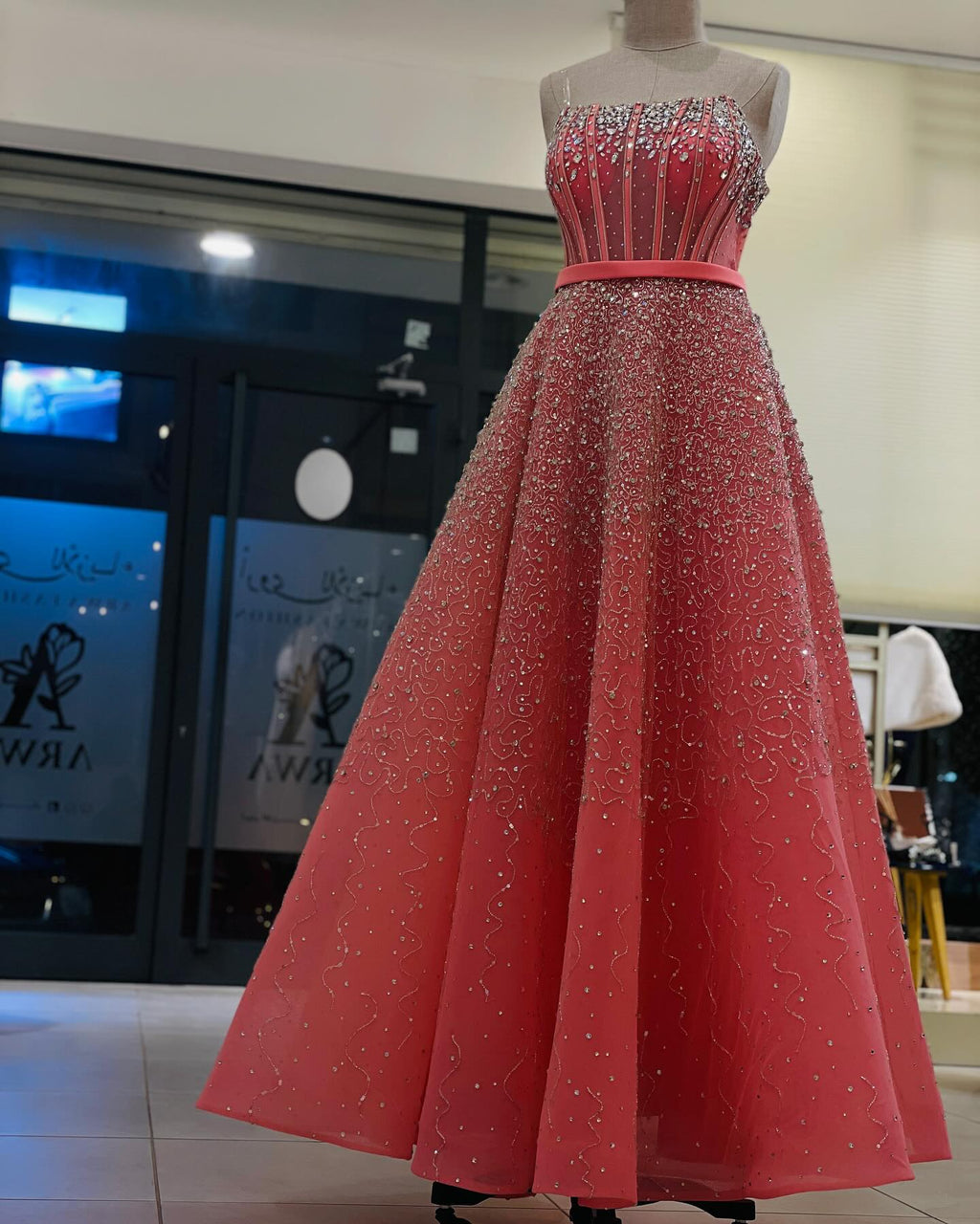 Luxury Watermelon Sequin Crystal Off Shoulder Evening Dress XD004