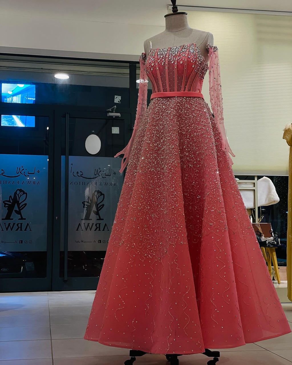 Luxury Watermelon Sequin Crystal Off Shoulder Evening Dress XD004