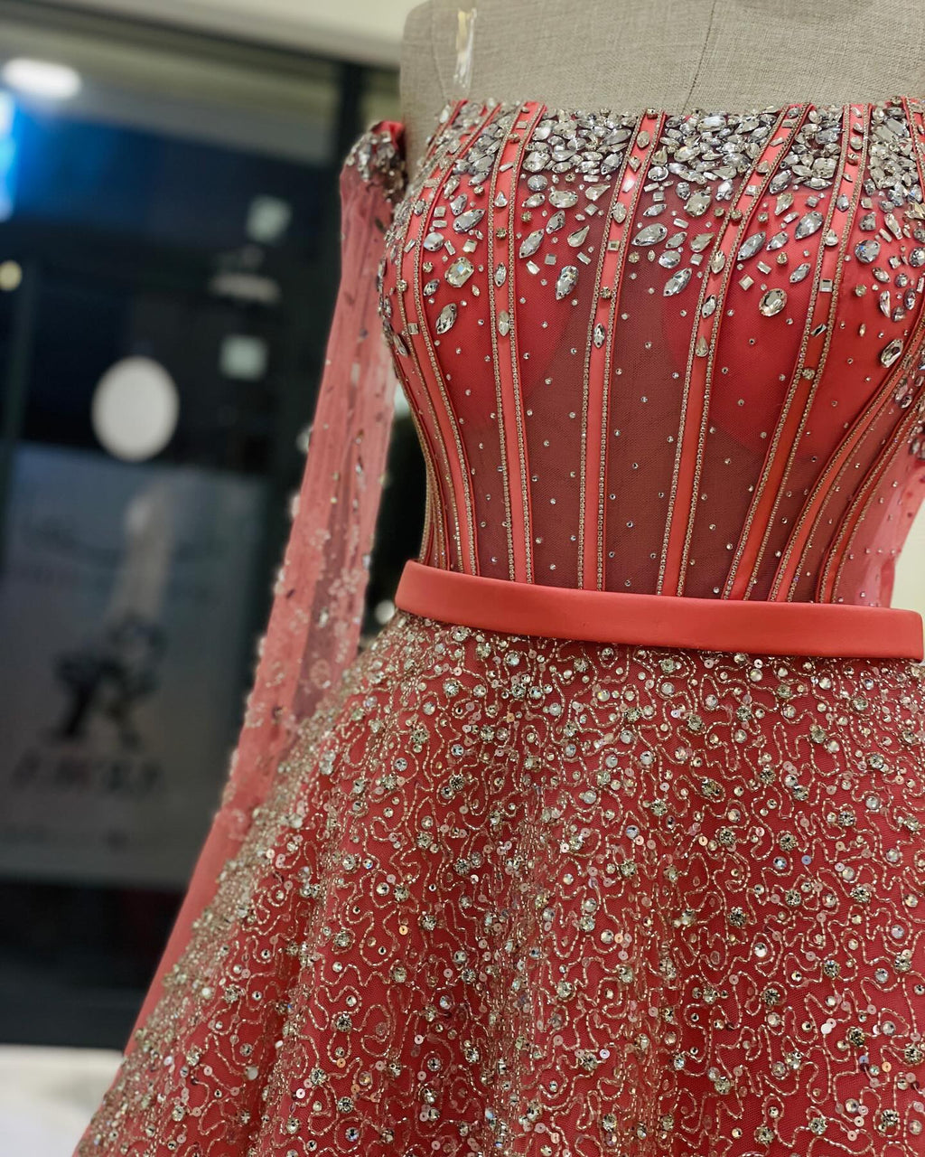 Luxury Watermelon Sequin Crystal Off Shoulder Evening Dress XD004