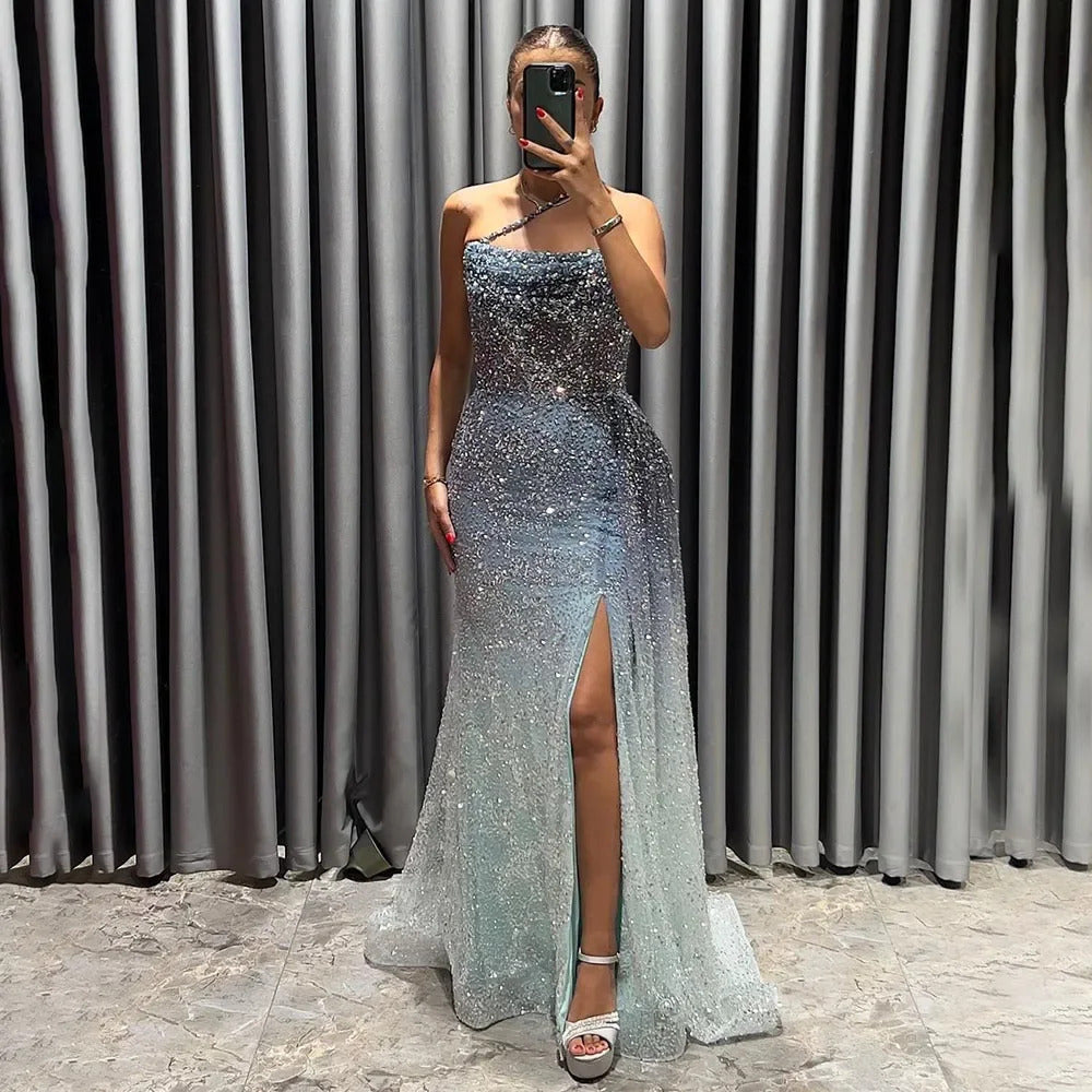 Luxury Blue One Shoulder Evening Dress with Overskirt SS710