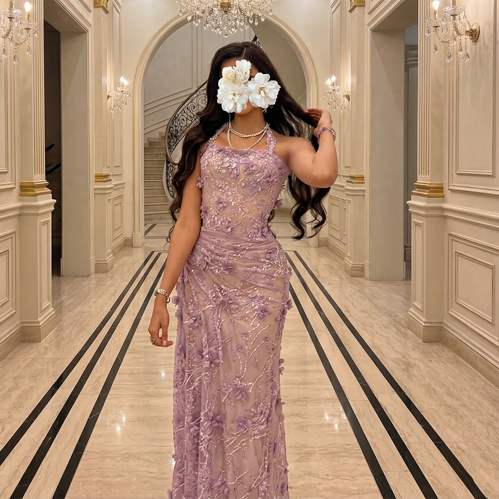 Romantic Lilac Halter Neck 3D Floral Mermaid Evening Dress SF524