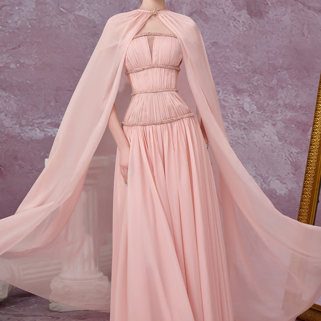 Luxury Pink Crystal Strapless Pleated Evening Dress with Cap SF420