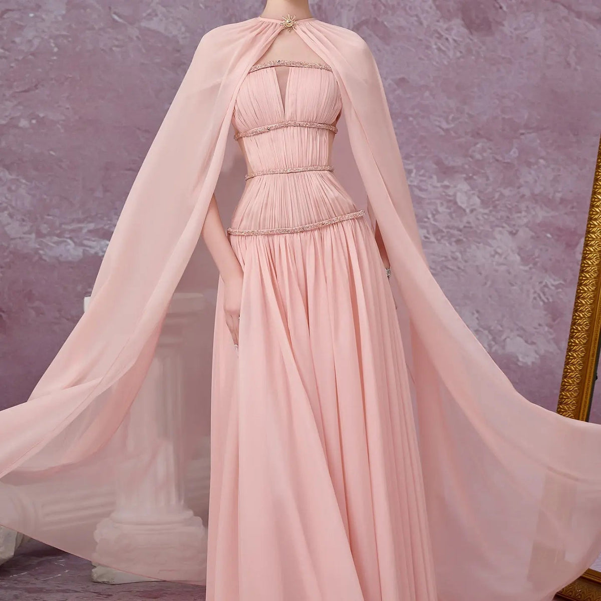 Glamorous Pink Chiffon Cape Evening Dress with Beaded Waist SF420
