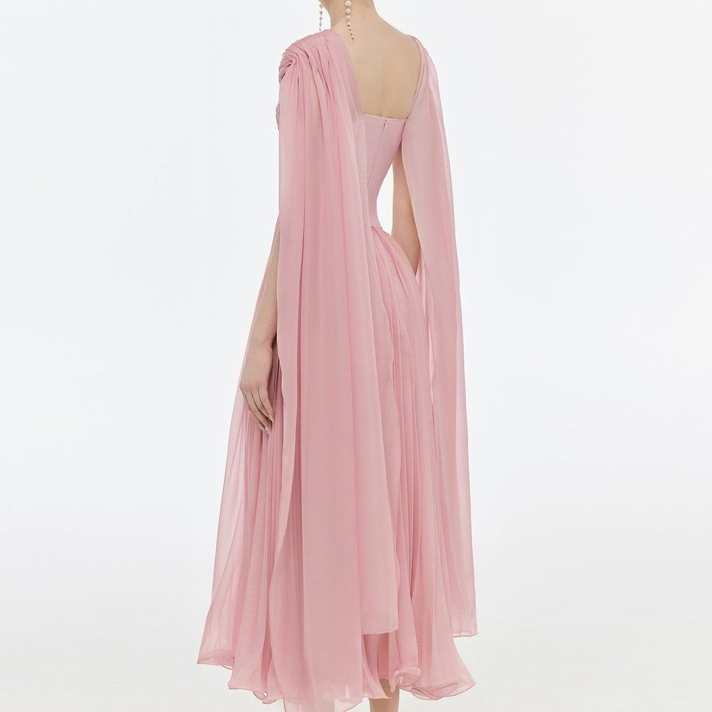 Romantic Pink Ruffles Evening Dress with Cape Sleeves SF421