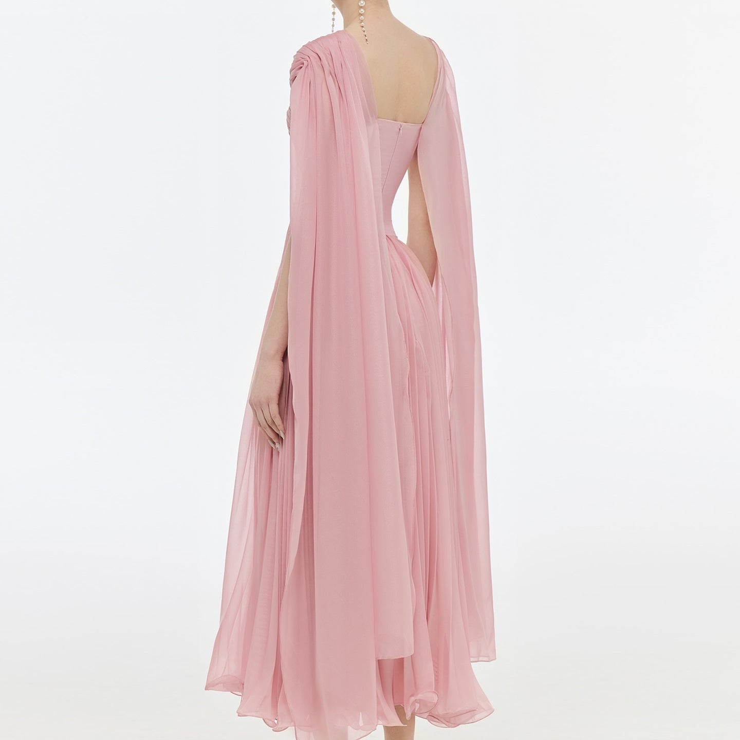 Romantic Pink Ruffles Evening Dress with Cape Sleeves SF421