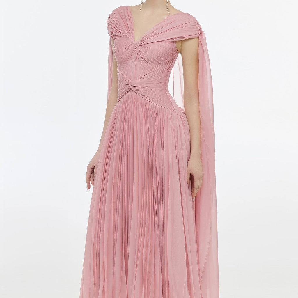 Romantic Pink Ruffles Evening Dress with Cape Sleeves SF421
