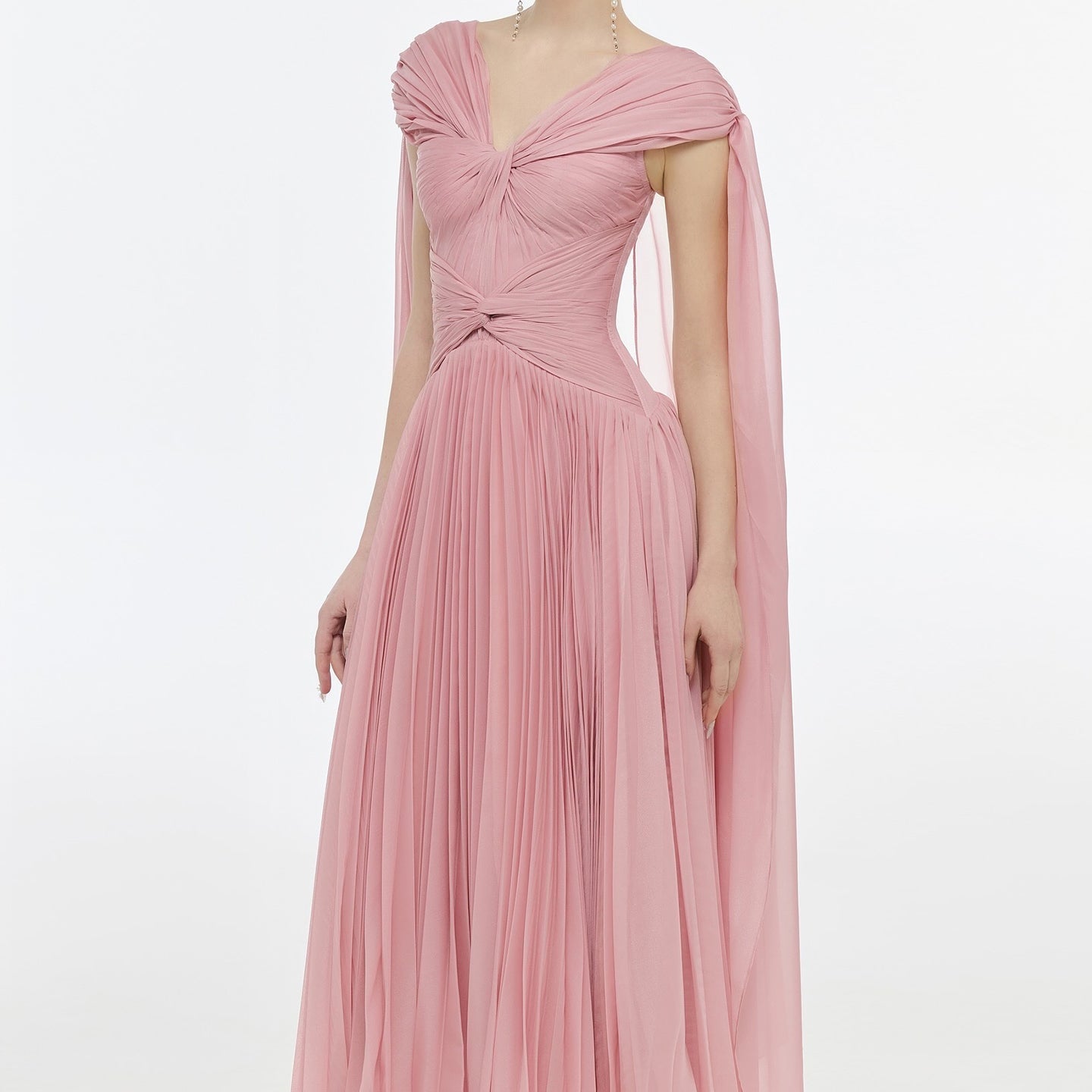 Romantic Pink Ruffles Evening Dress with Cape Sleeves SF421