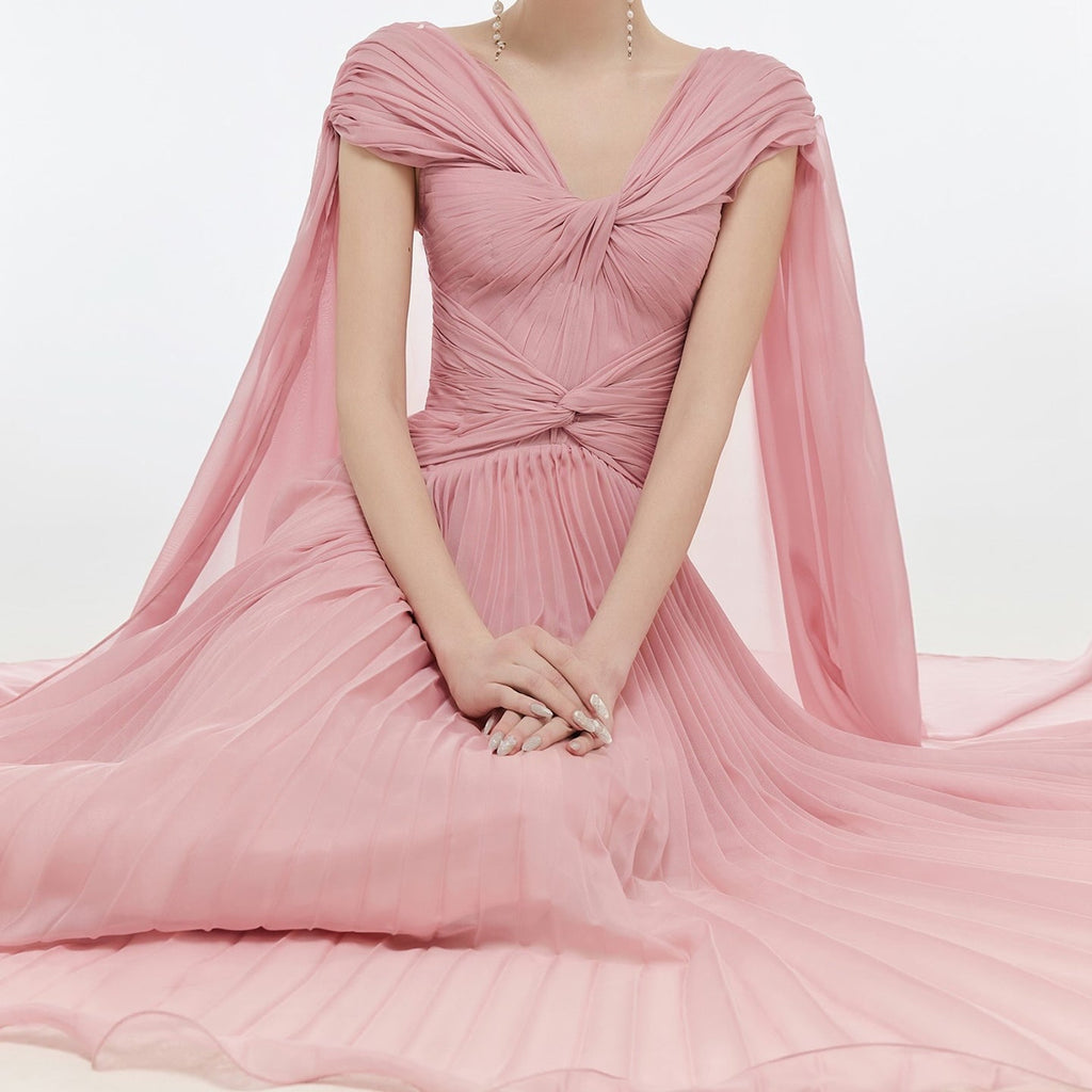 Romantic Pink Ruffles Evening Dress with Cape Sleeves SF421