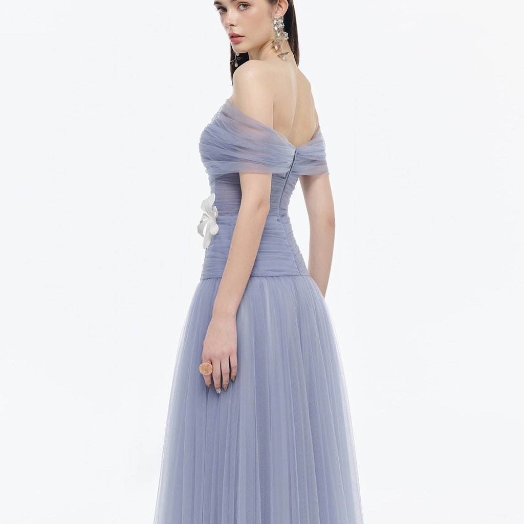 Elegant Light Blue Off Shoulder Evening Dress with 3D Flower SF422