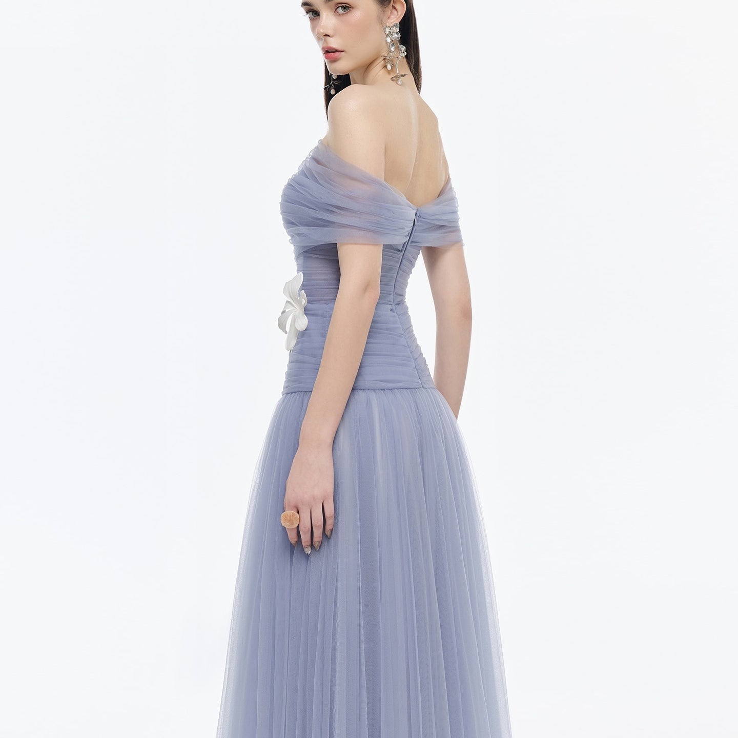 Elegant Light Blue Off Shoulder Evening Dress with 3D Flower SF422