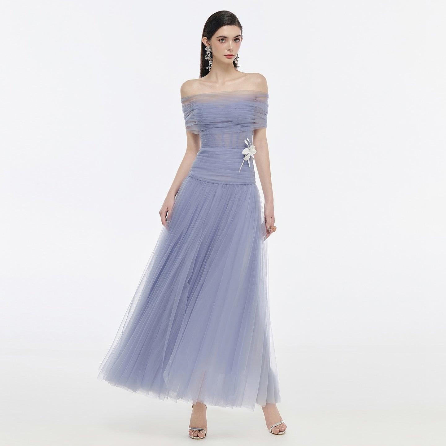 Elegant Light Blue Off Shoulder Evening Dress with 3D Flower SF422
