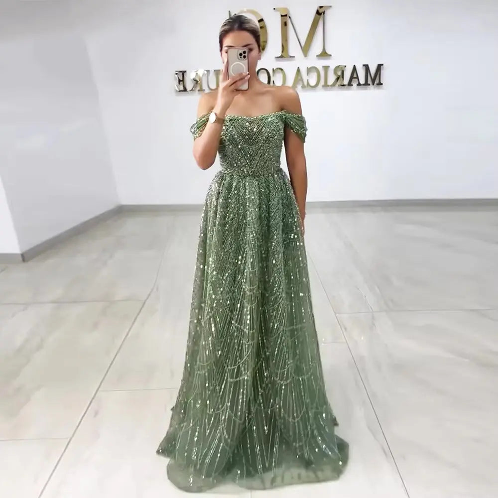 Luxury Beaded Champagne Off-Shoulder Evening Dress SS676