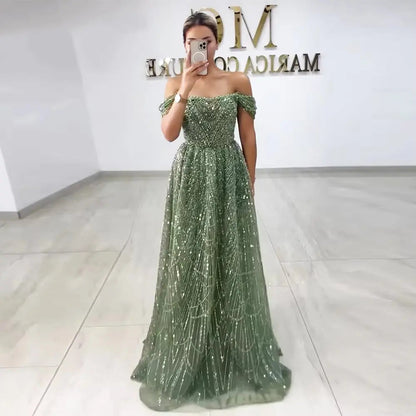 Luxury Beaded Champagne Off-Shoulder Evening Dress SS676