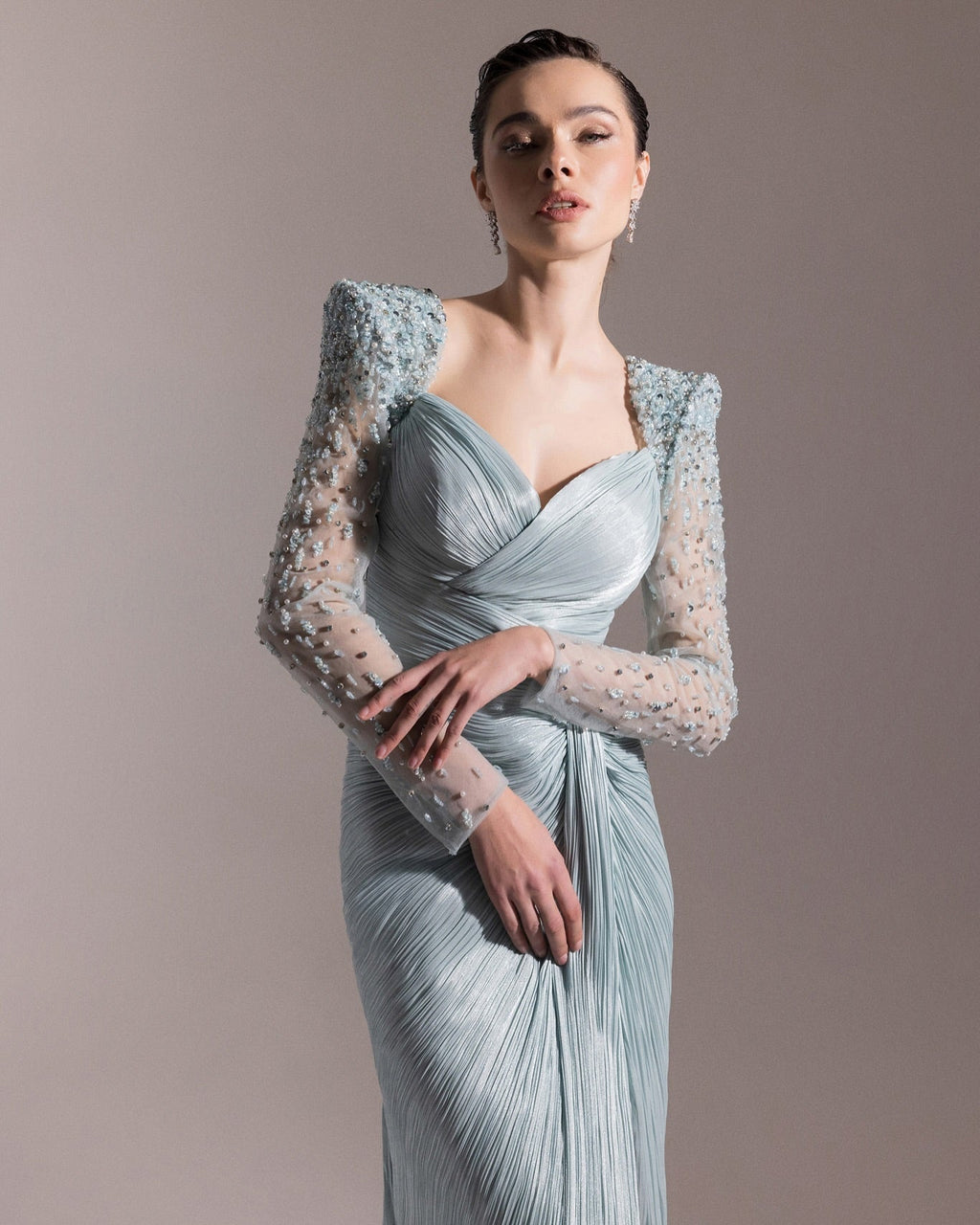 Luxury Crystal Long Sleeves Evening Dress with Overskirt and Slit SF409