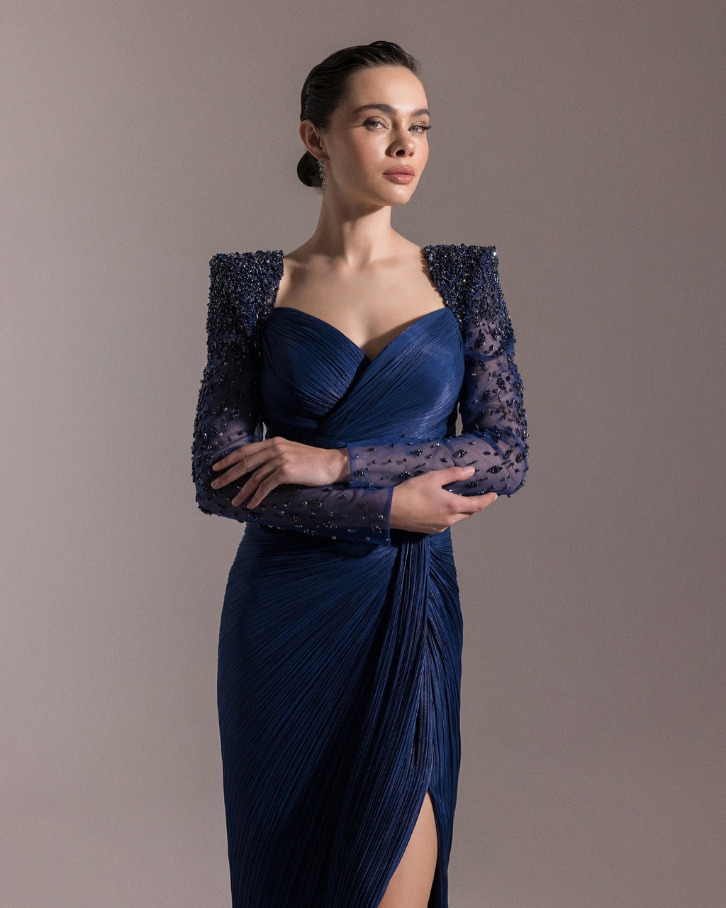 Luxury Crystal Long Sleeves Evening Dress with Overskirt and Slit SF409