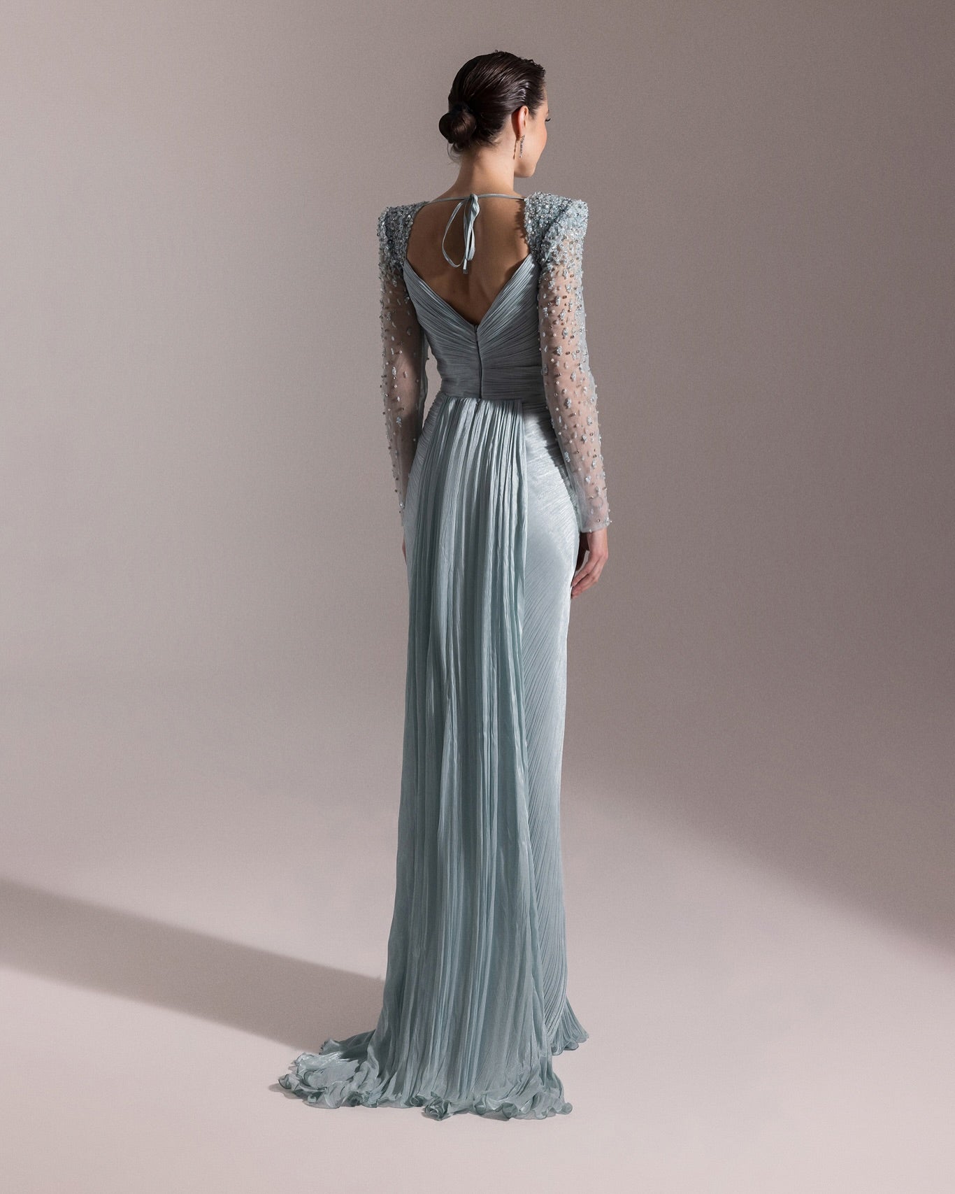 Luxury Crystal Long Sleeves Evening Dress with Overskirt and Slit SF409