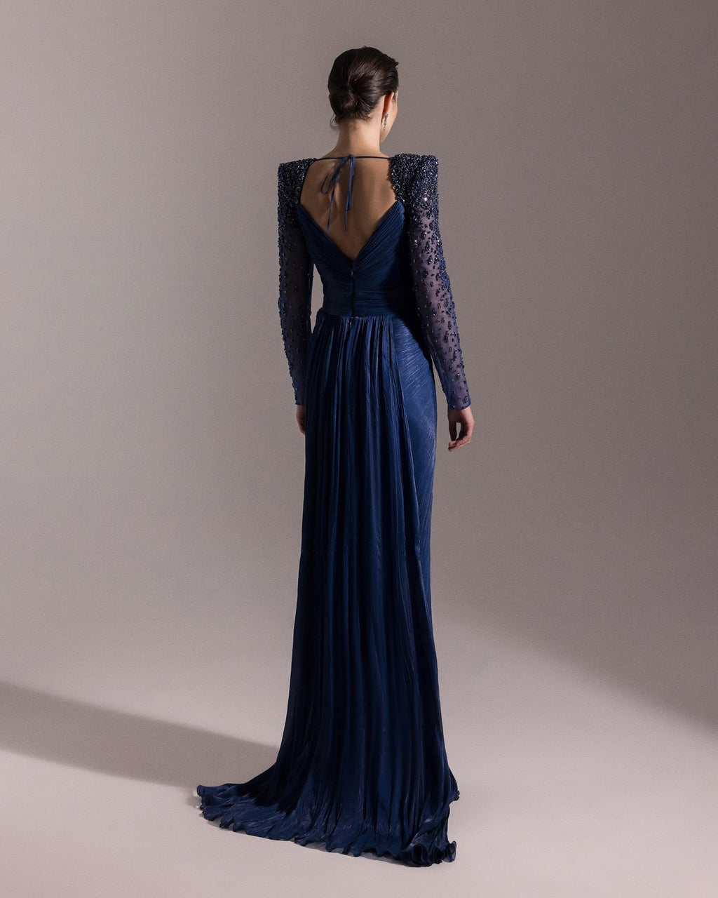 Luxury Crystal Long Sleeves Evening Dress with Overskirt and Slit SF409