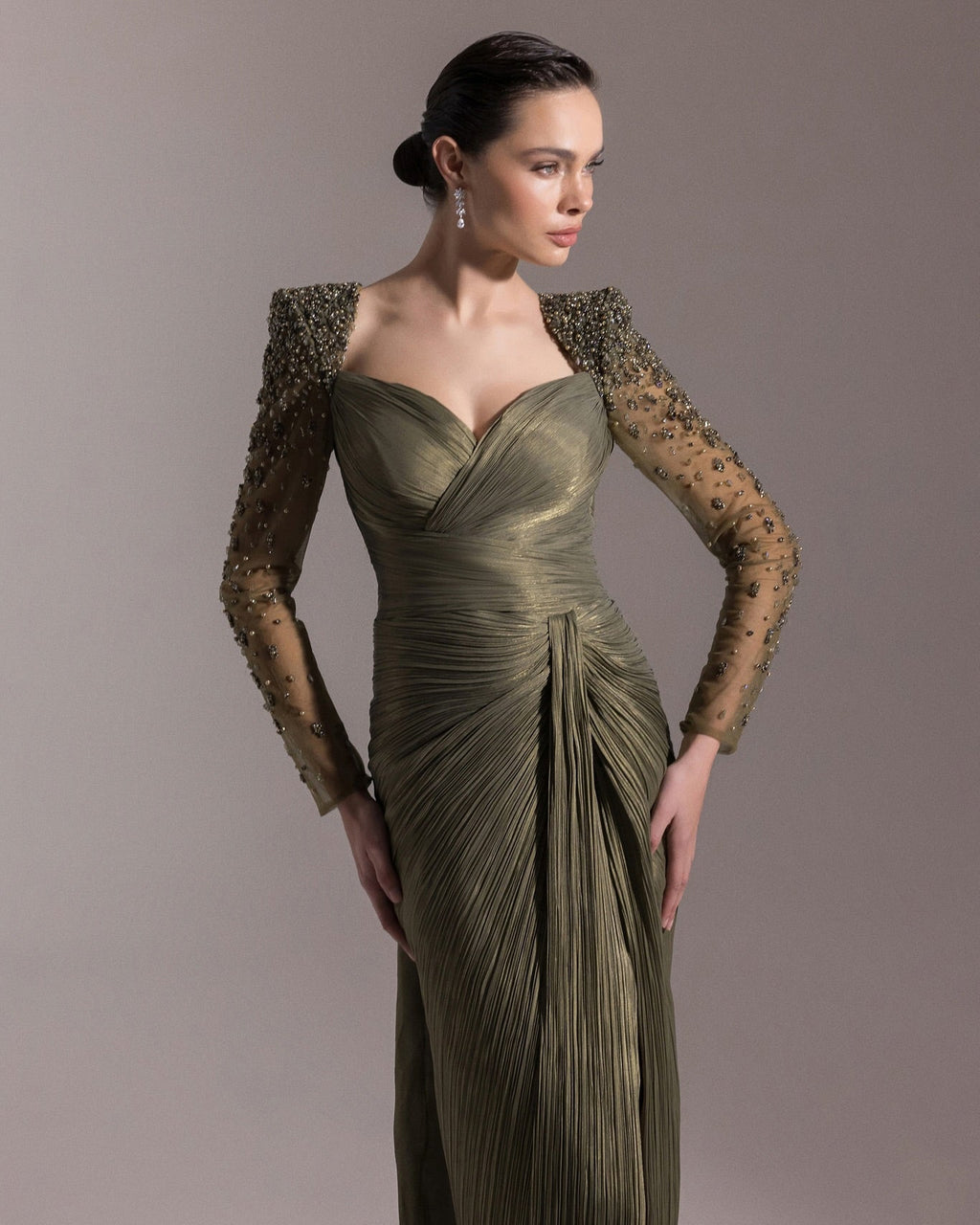 Luxury Crystal Long Sleeves Evening Dress with Overskirt and Slit SF409