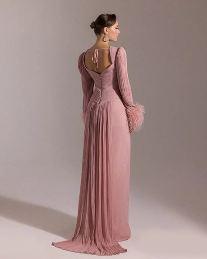 Luxury Feather Fuchsia Long Sleeves Evening Dress with Feathers and Overskirt SF411