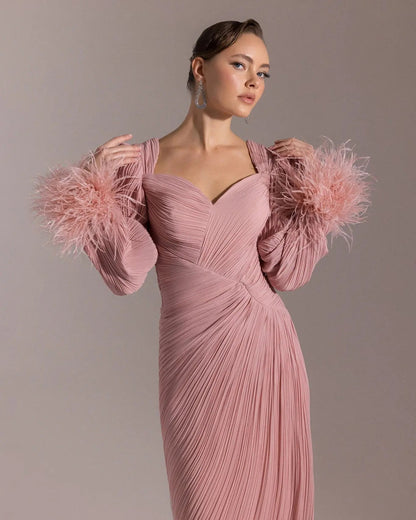 Luxury Feather Fuchsia Long Sleeves Evening Dress with Feathers and Overskirt SF411