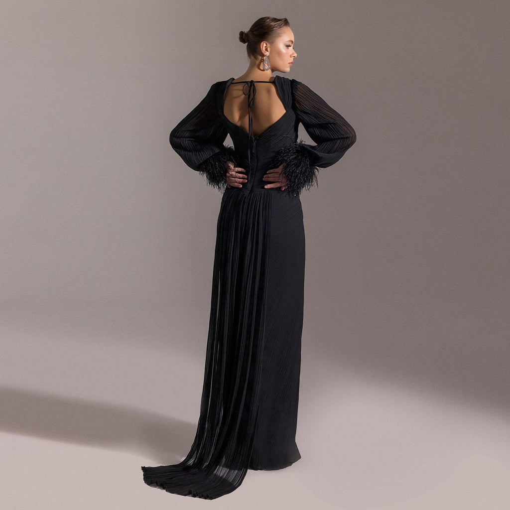 Luxury Feather Fuchsia Long Sleeves Evening Dress with Feathers and Overskirt SF411