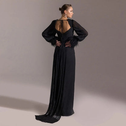 Luxury Feather Fuchsia Long Sleeves Evening Dress with Feathers and Overskirt SF411