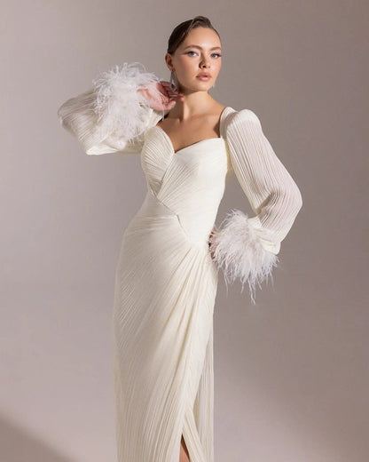 Luxury Feather Fuchsia Long Sleeves Evening Dress with Feathers and Overskirt SF411