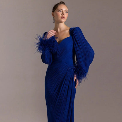Luxury Feather Fuchsia Long Sleeves Evening Dress with Feathers and Overskirt SF411