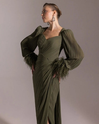 Luxury Feather Fuchsia Long Sleeves Evening Dress with Feathers and Overskirt SF411