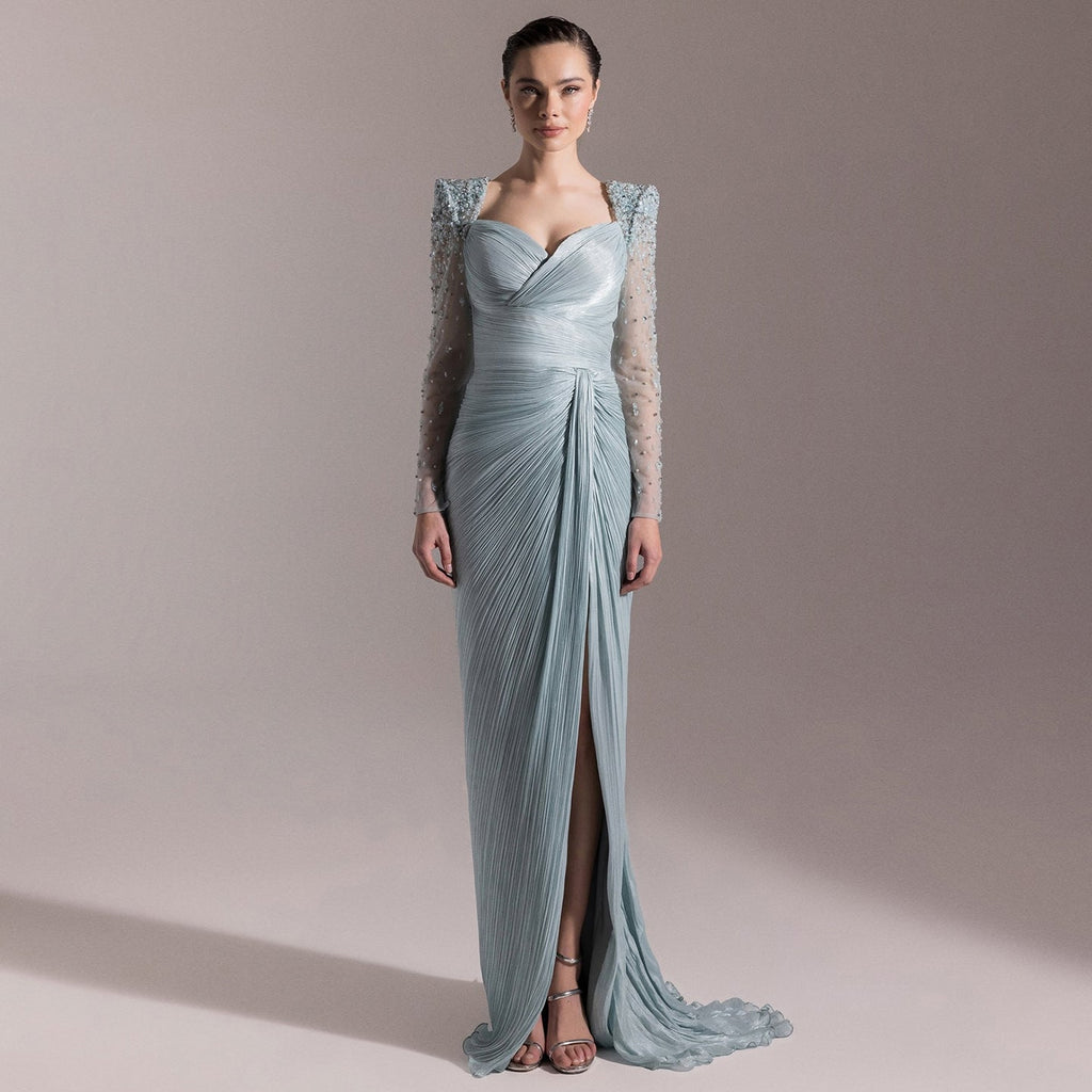 Luxury Crystal Long Sleeves Evening Dress with Overskirt and Slit SF409