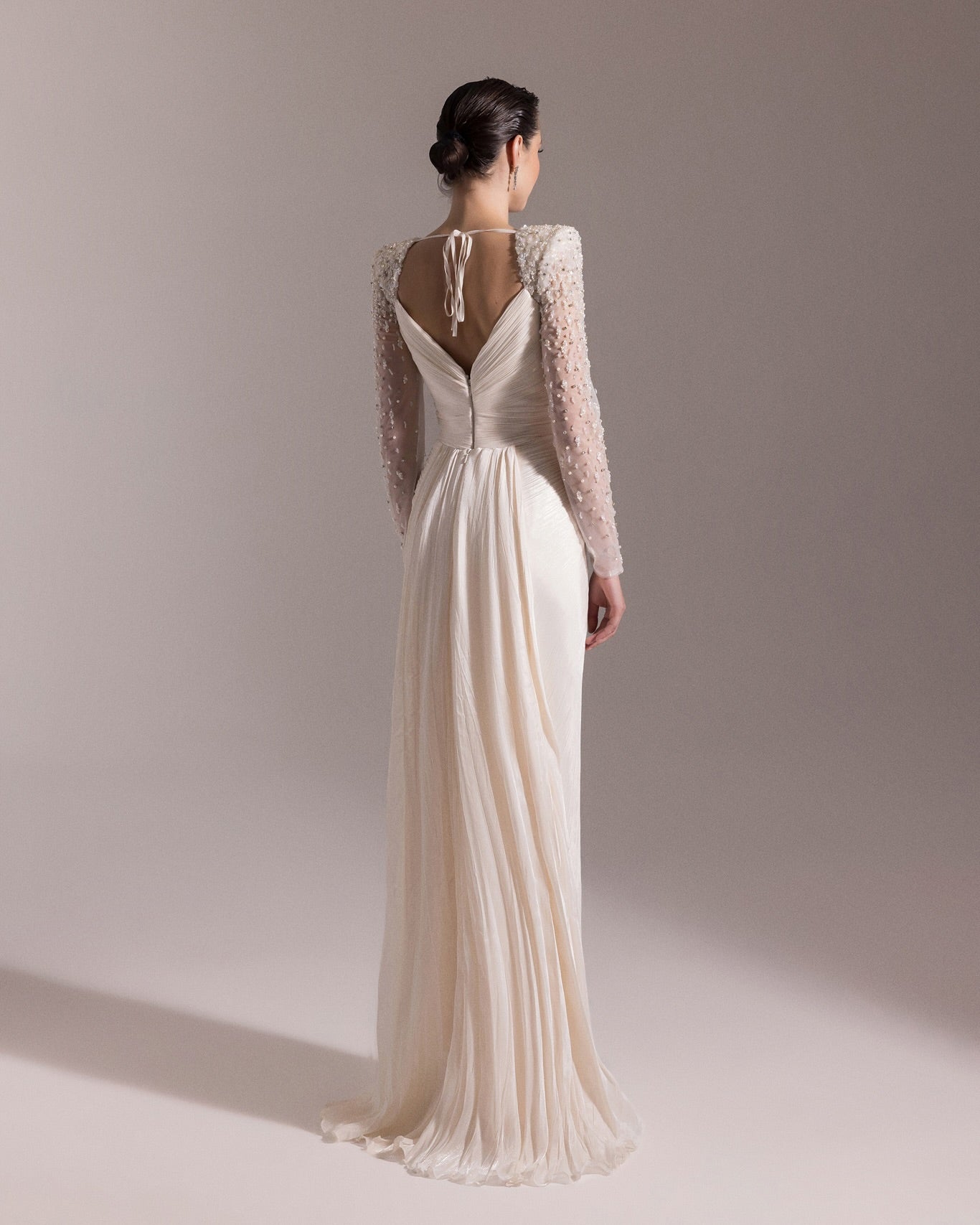Luxury Crystal Long Sleeves Evening Dress with Overskirt and Slit SF409