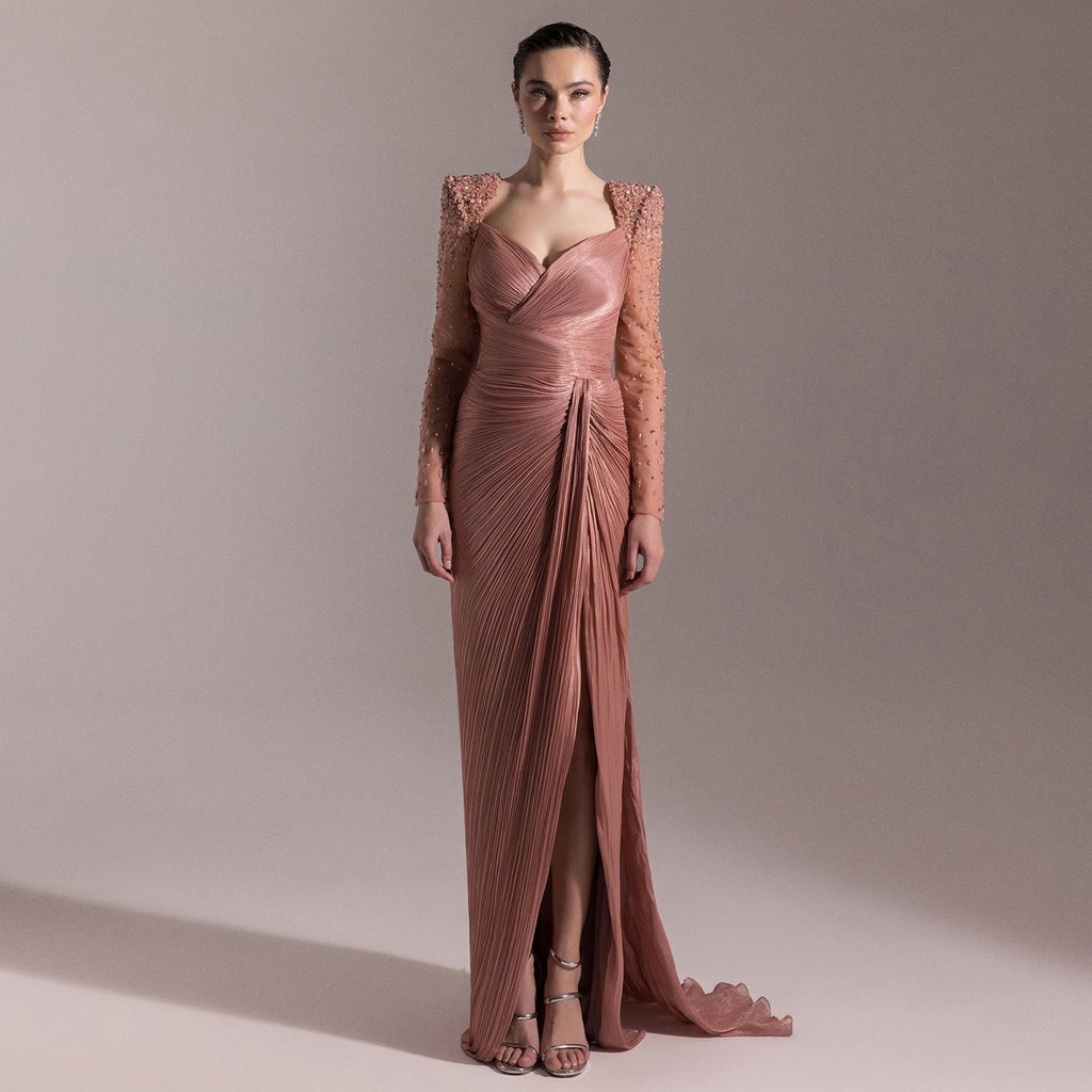 Luxury Crystal Long Sleeves Evening Dress with Overskirt and Slit SF409