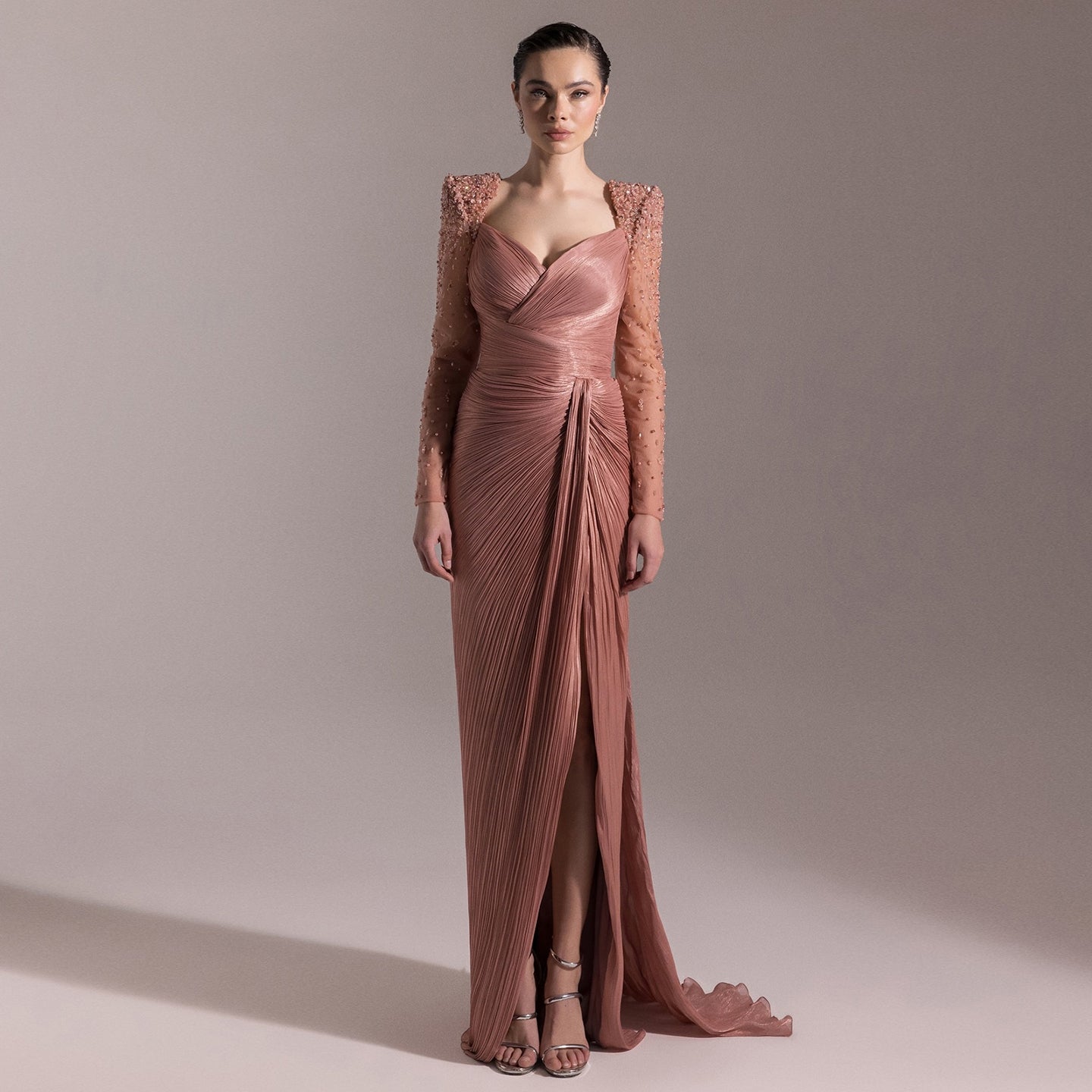 Luxury Crystal Long Sleeves Evening Dress with Overskirt and Slit SF409