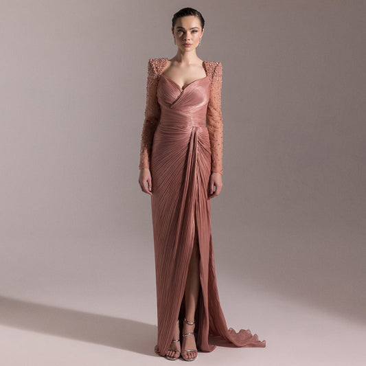 Luxury Crystal Long Sleeves Evening Dress with Overskirt and Slit SF409