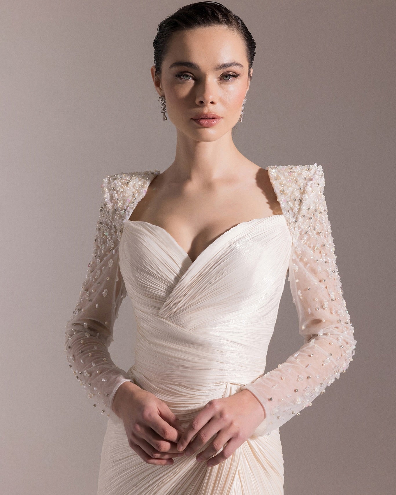 Luxury Crystal Long Sleeves Evening Dress with Overskirt and Slit SF409