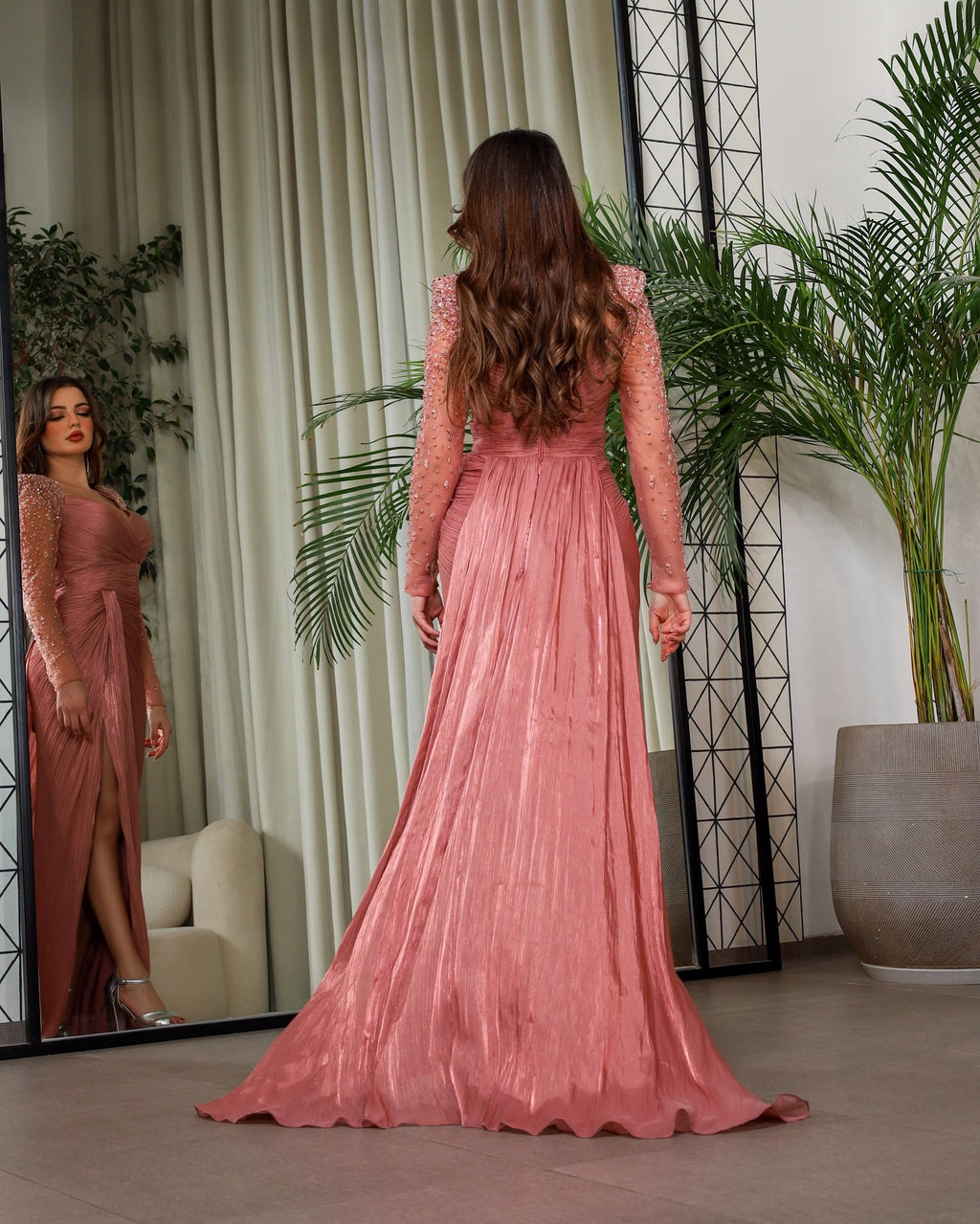 Luxury Crystal Long Sleeves Evening Dress with Overskirt and Slit SF409