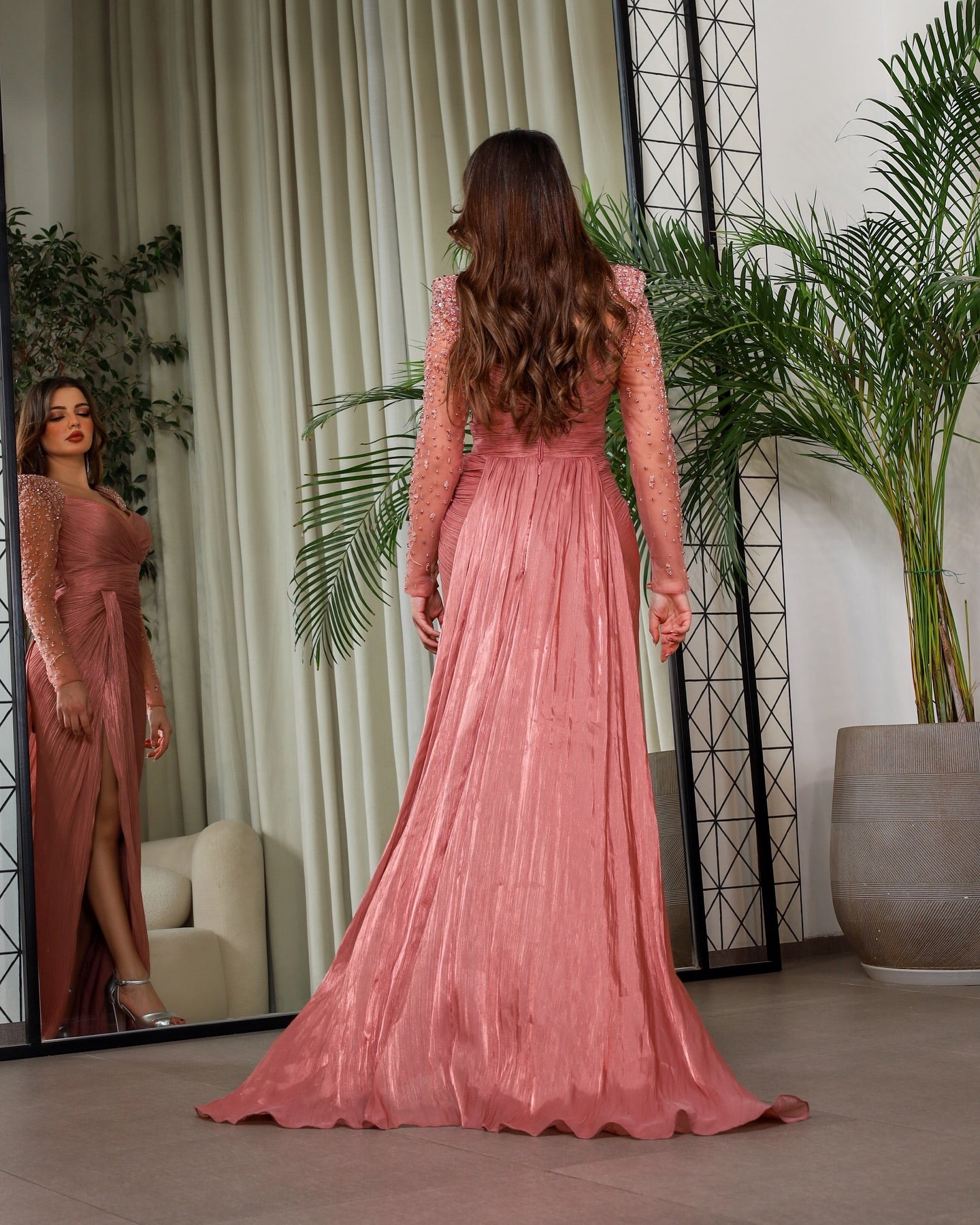 Luxury Crystal Long Sleeves Evening Dress with Overskirt and Slit SF409
