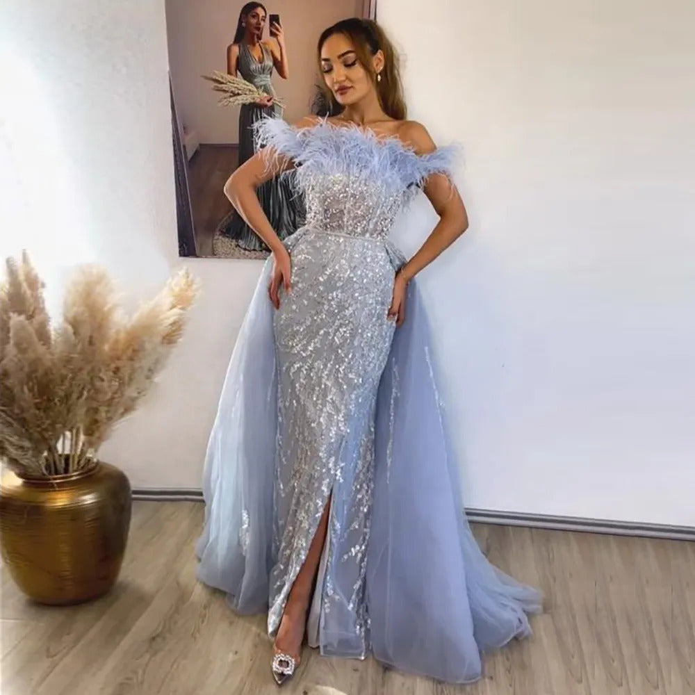 Luxury Feathers Lilac Crystal Evening Dress with Overskirt SS252