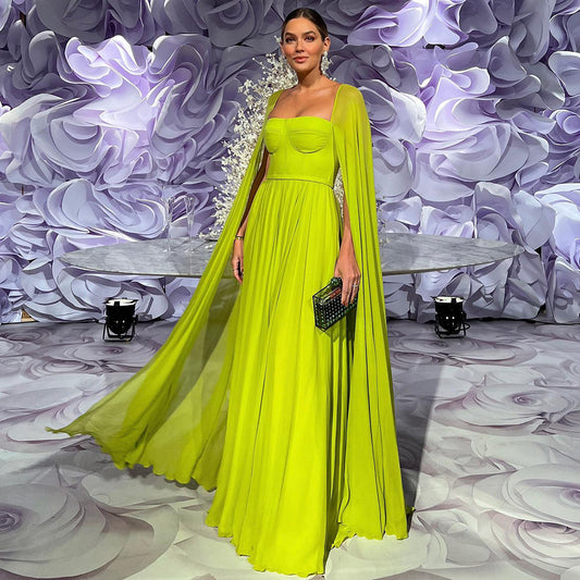 Luxury A-Line Chiffon Evening Dress with Cape Sleeves SF076
