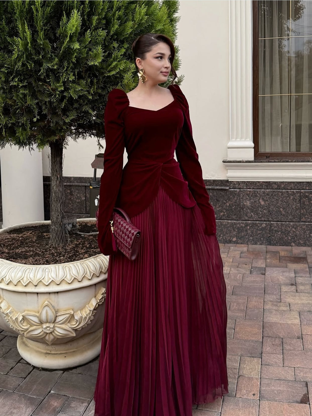 Luxury Burgundy Velvet Ruffles Long Sleeve Evening Dress SF259