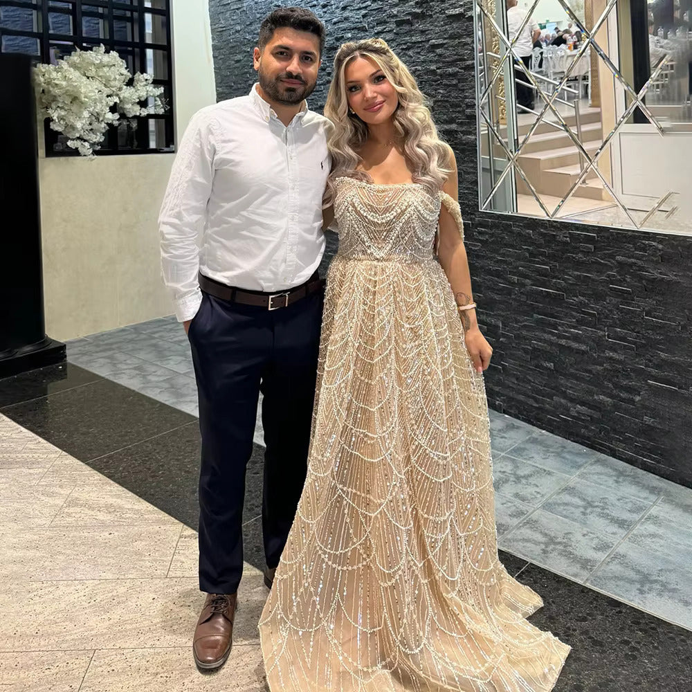 Luxury Beaded Champagne Off-Shoulder Evening Dress SS676