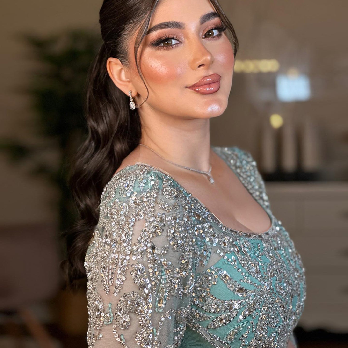 Luxury Beaded Turquoise Evening Dress with Cape Sleeves SS469